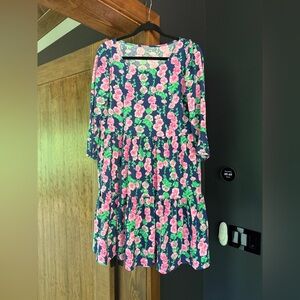 Lilly Pulitzer Navy Floral Long-Sleeve Tiered Dress with Pink & Green Flowers